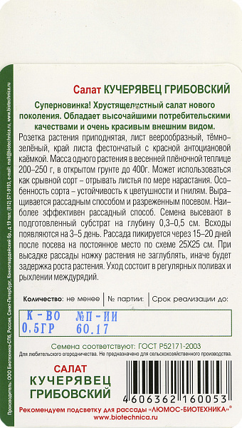 картинка Салат хрустящелистный Кучерявец Грибовский, 0,5г от магазина ОПТ6